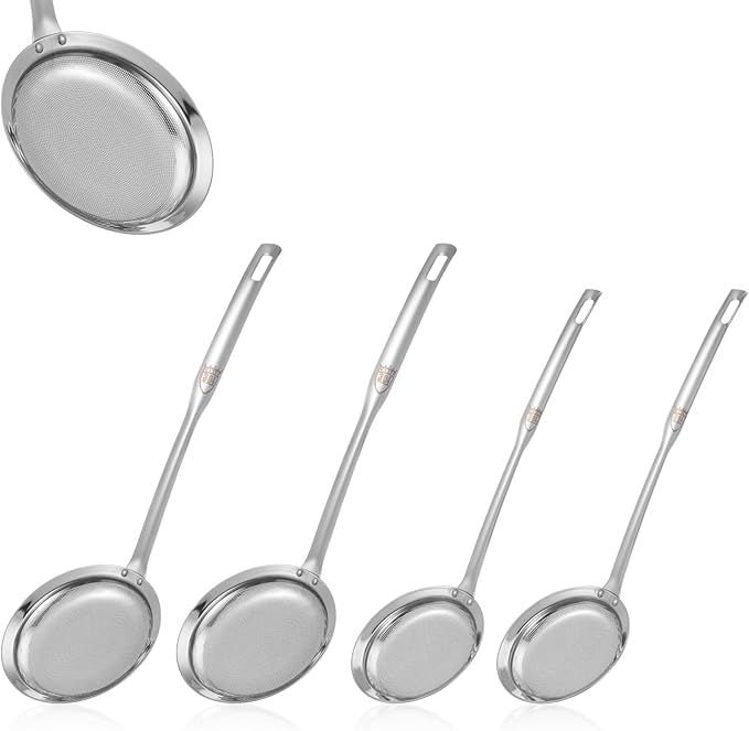 Stainless Steel Fine Mesh Strainer, Set of 4 Fine Mesh Sieve for Kitchen Cooking, Long Handle Food Strainer Steel Colander (Set of 2 Sizes)