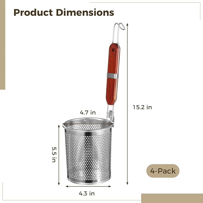 Stainless Steel Pasta Strainer 4 Pcs, Noodle Dumpling Strainers, Blanching Baskets with Red Wood Handle, Mesh Kitchen Tool Set, 4.7×5.5in（W×H）