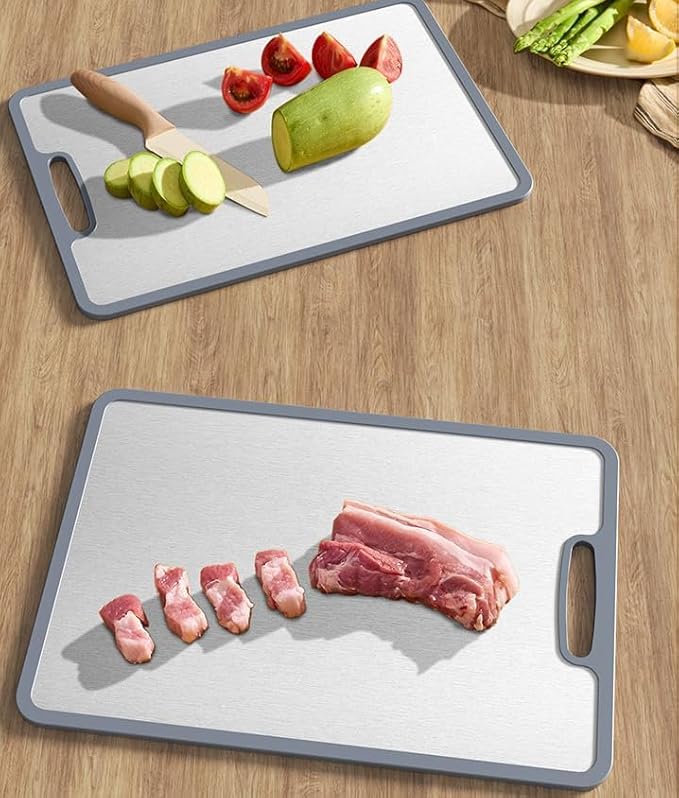 PUQITEN Stainless Steel Cutting Board for Kitchen - Dishwasher Safe With Silicone Edge - Non Slip .304 Stainless Steel Double Sided Cutting Board Perfect Size14x10inch