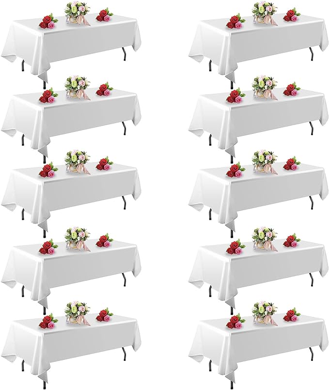 10 Pack White Table Cloth Rectangle Table 60 x 102 Inch Tablecloths for 6 Foot Rectangle Tables. Stain and Winkle Resistant Polyester Washable White TableCloths for Parties Wedding Dining
