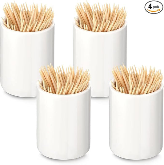 Mimorou 4 Pcs White Ceramic Toothpick Holder Simple Ceramic Toothpick Dispenser Container for Home Charcuterie, Easy to Clean(Round)