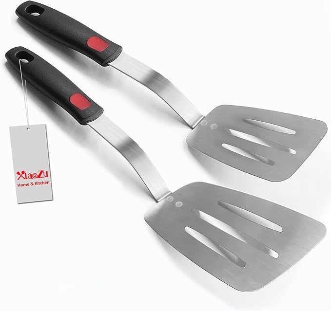 Stainless Steel Flexible Spatula Slotted Turner, XiaoZu Thin Metal Spatula for Cast Iron Skillet, Thin Blade and Heat Resistant Silicone Handle, Great for Egg, Cookie, Meat, Crep, Medium + Large