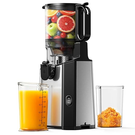 Cold Press Juicer Machines, EUHOMY 5.7" Wide Feed Chute Juicer Machines with 400W, Slow Masticating Juicer for Whole Fruits & Vegetables, High Juice Yield, Easy to clean, Black Stainless Steel