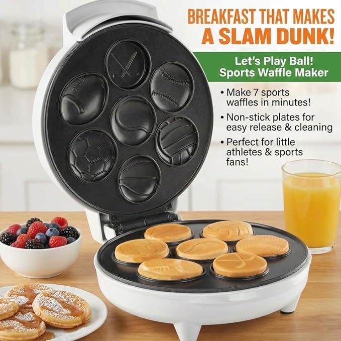 Sports Waffle Maker- Make Breakfast a Slam Dunk- Bakes 7 Themed Pancakes Including Football, Baseball, Basketball, Soccer, Tennis & More- Electric Nonstick Waffler with Recipe Guide- Kids Morning Fun