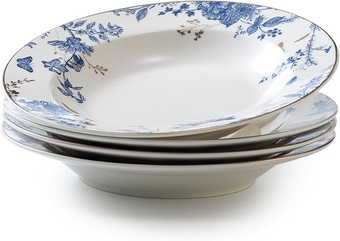Soup and Pasta Bowls Set of 4,Ceramic Soup Bowls Dinner Bowls Plates Porcelain 9 inches Wide Rim Bowls Set Floral Dinnerware Set Pasta Plates Ideal Serving for Soup,Dessert,Noodle,Thanksgiving