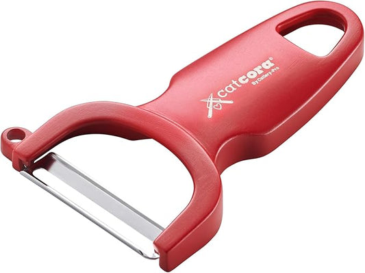 CatCora Swiss-Style Peeler, Professional German Tempered Stainless Steel Blade For Peeling Fruits and Vegetables and Garnishing, Ergonomic Contoured Handle, Red, Set of 2