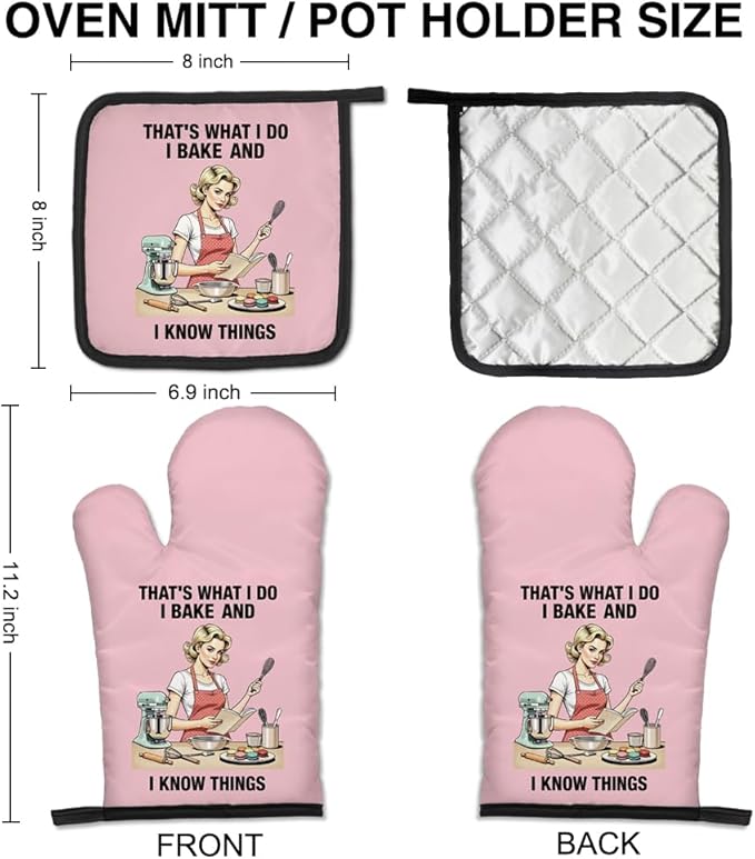 That's What I Do I Bake and I Know Things Cute Oven Mitts and Pot Holders Set, Kitchen Mitts for Cat Lovers, Birthday Gifts for Cake Maker Baker, Gifts for Women, Mom, Wife, Girlfriend