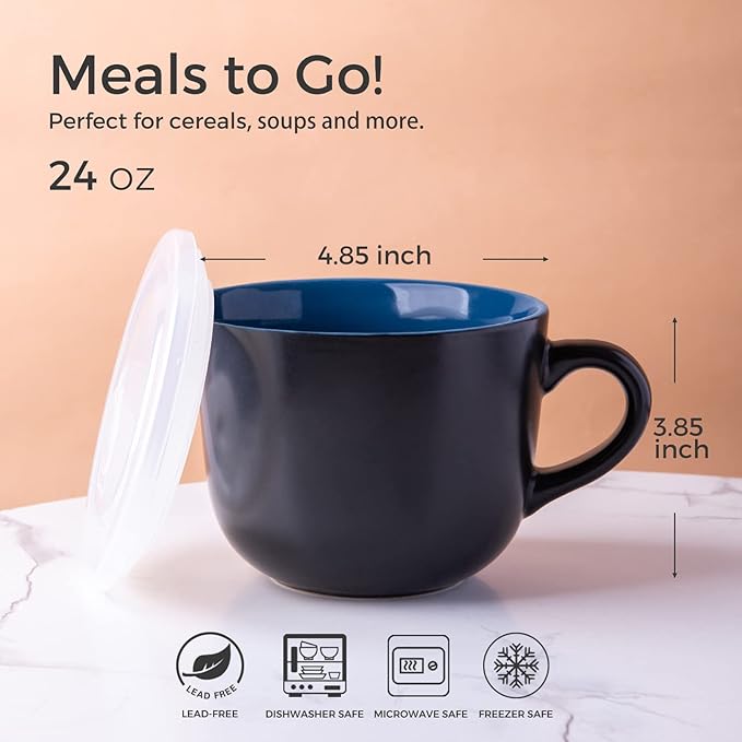GBhome Jumbo Soup Mugs with Handles, 24 Oz Large Coffee Mugs Set of 4, Ceramic Soup bowls for Coffee,Cereal,Snacks,Salad,Noodles etc Soup Cups,Microwave&Dishwasher safe-Blue Inside
