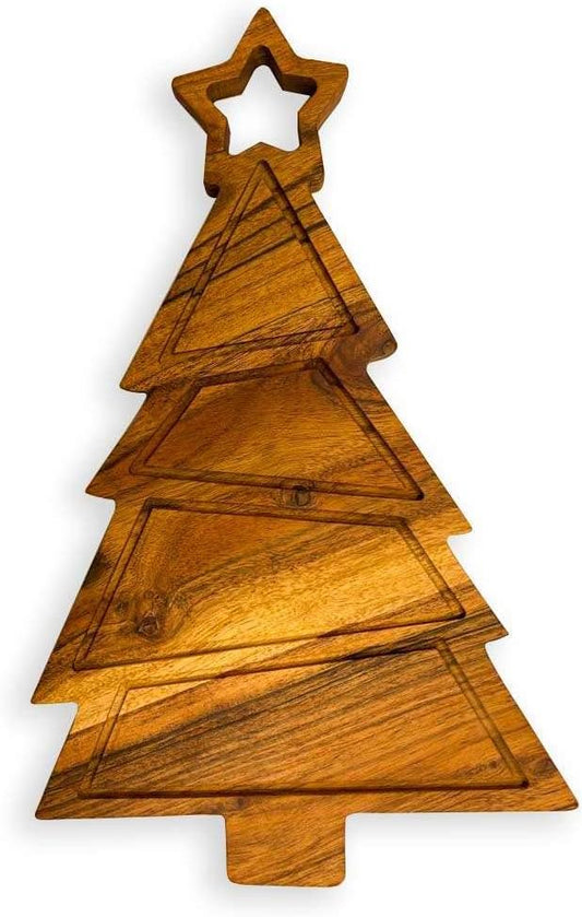 Treen Art Wooden Christmas Cutting Board for Kitchen Decor, 11"L x 9.75"W Star Tree Shaped Acacia Wood Chopping Board with Handle & Grooves, Serving Charcuterie Platter
