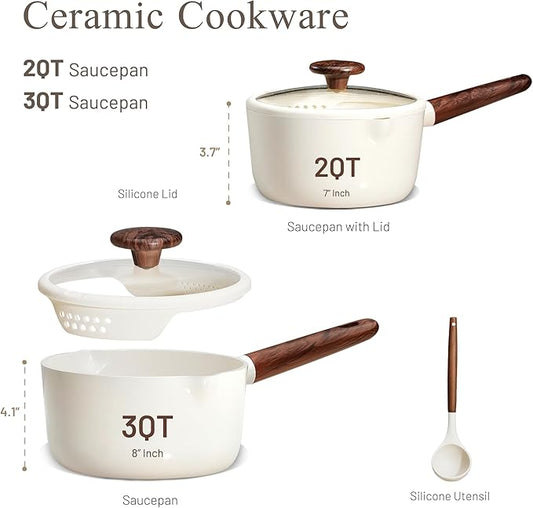 CAROTE 2QT & 3QT Sauce Pan Sets with Lid & Ladle Ceramic Nonstick Pot Set Non Toxic Saucepan Small Kitchen Cooking Pots, Easy to Clean, Induction Comptable, PFAS PTFE Free