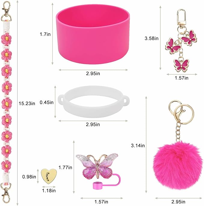 Accessories Set Including Water Bottle Handle Strap, Silicone Boot, Resin Butterfly Straw Cover, Straw Topper, Lip Balm Sleeve, Butterfly & Hairball Charms for Stanley Cup Tumbler