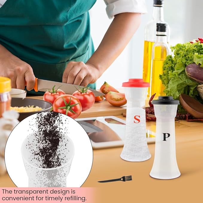 Salt and Pepper Shaker Set, Plastic Salt and Pepper Shaker Set with Lids,Airtight Spice Jar Dispenser for Restaurant Cleaning Brush Camping Home Kitchen Picnic (COLOR:Black+Red)