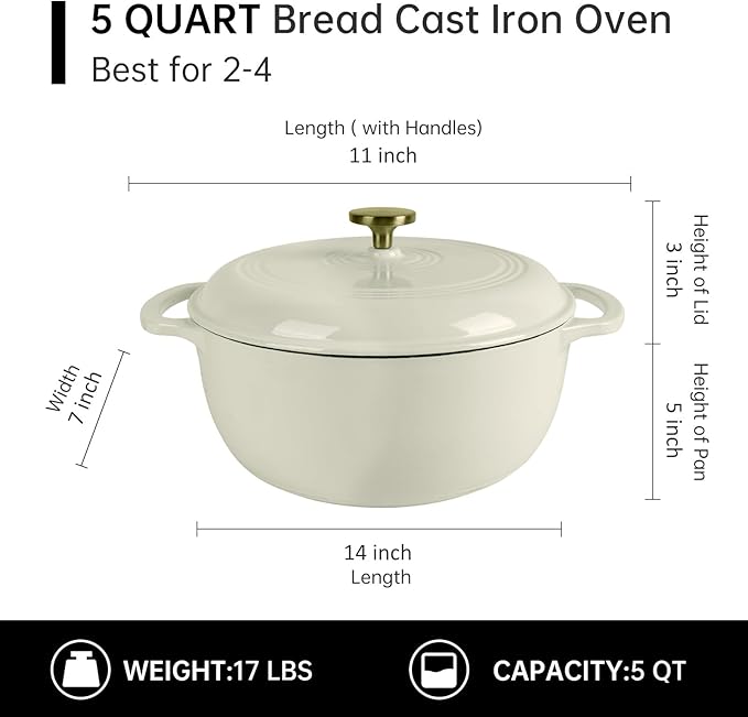 Fijxzct Premium Enameled Cast Iron Dutch Oven for Bread Baking | Non-Stick 5.5QT Oval Bread Oven with Lid | Perfect for Sourdough, Loaf, and Artisan Baking (Round Cream, 5.5 QT)