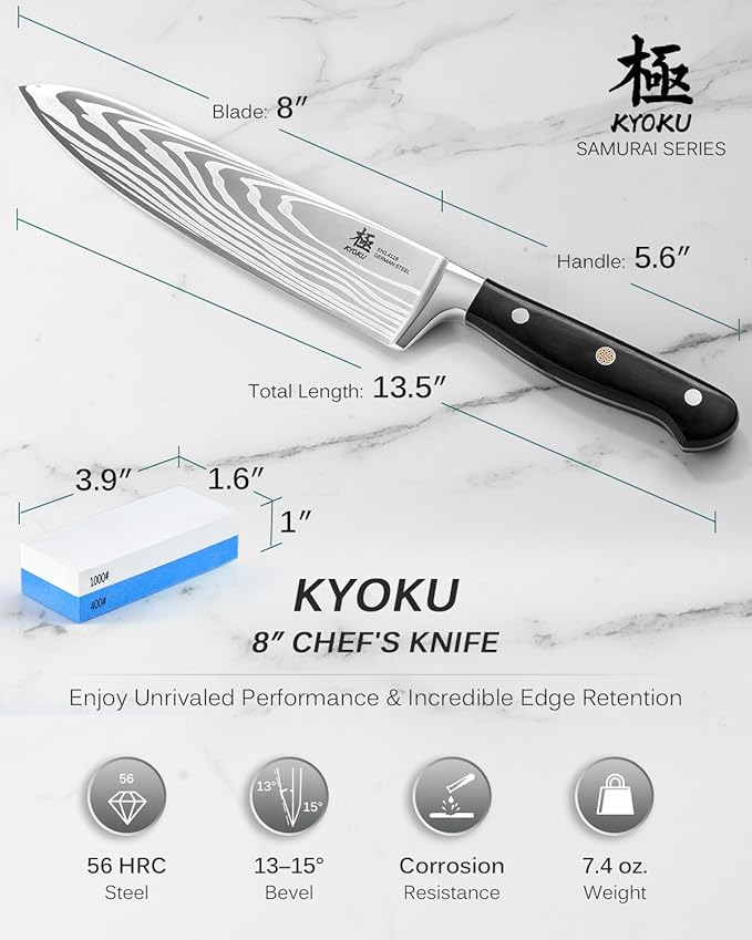 KYOKU 8" Chef Knife, Samurai Series Japanese Style Chef's Knife with Sharpening Stone, High Carbon Steel Kitchen Knife with Pakkawood Handle Mosaic Pin Gift Box for Meat Vegetable Fruit Chopping