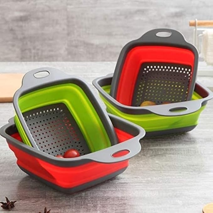 Collapsible Colander, 2 Pcs Red Silicone Kitchen Strainer for Draining Pasta, Vegetable and Fruit with Extendable Handles & Dishwasher-Safe by Polerce