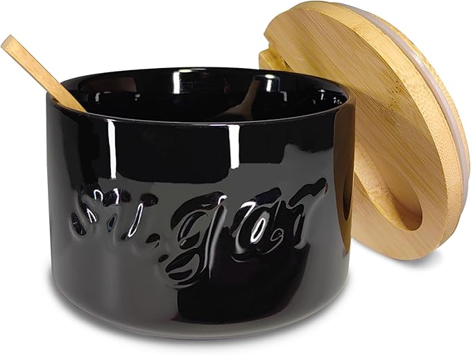 Sugar Bowl with Lid and Spoon, 16 OZ Airtight Sugar Container for Coffee Bar, Farmhouse Ceramic Jar, Sugar Holder Coffee Bar Accessories for Countertop, Black