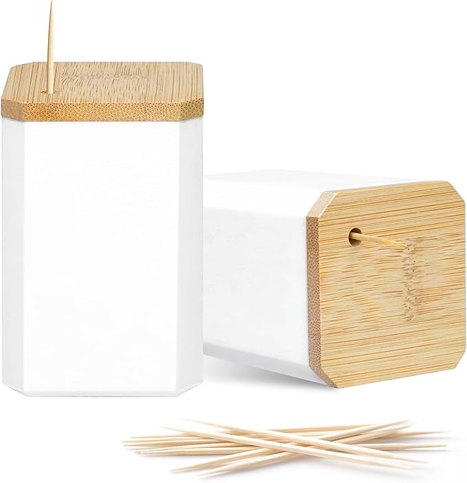 Toothpick Holders 2 Pack with 10800 Picks,Round Toothpicks Double-Side Point for Teeth,Food Pick,Appetizers,Cocktails Fruits,Olive&DIY Craft.