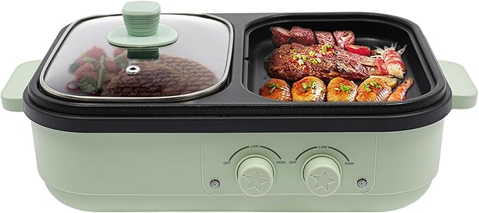 1300W & Nonstick Dual Zone Electric Hot Pot & Tabletop Grill for 6 People, Multi-Cooker for Hot Pot, BBQ, Korean BBQ, Shabu Shabu, Family Dinner & Party, 110V (1300w+green)