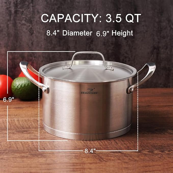 HOMICHEF 3.5QT Silver Nickel Free Stainless Steel Stockpot with Lid - Matte Polished, 8 Inch Wide, 7.6MM Thick Base, No Non-Stick Coating, 4.5 lbs