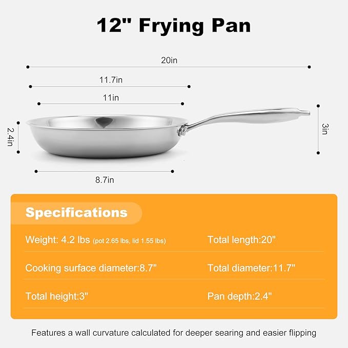 Ranbomer Stainless Steel Pan，Non-Toxic PFAS, PFOA & PTFE Free, Compatible With All Cooktops & Induction Safe, Oven Safe Pan for Searing & Sautéing, Long Lasting Cookware. (12 Inch)