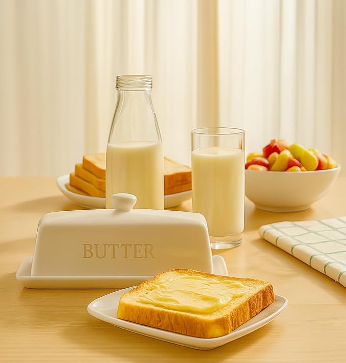 Butter Dish with Lid,WERTIOO Butter Dish With Lid for Countertop,7.6" x 3.3" Butter Tray,Butter Holder for 1 Stick.Textured Tray Butter Keeper for Non Slip Storage,Ceramic - White
