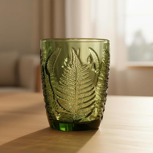 Vintage Green Drinking Glasses Set of 4, 10 oz Deep Textured Glass Cups, Fern Embossed Retro Glassware, Hand-Pressed Decorative Cocktail Tumblers, Boho Style Colored Drinkware Gift Set for Home & Bar