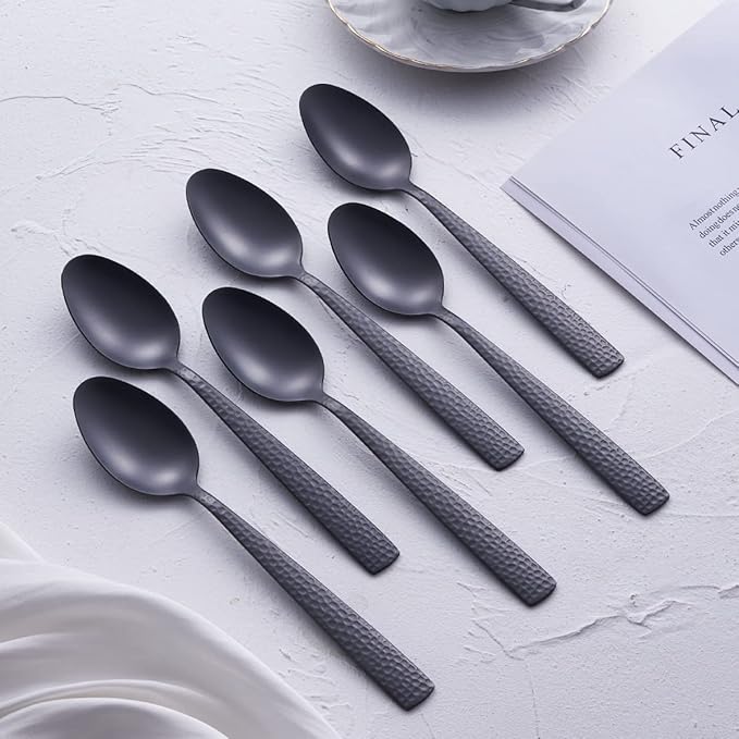 Matte Black Dinner Spoon Set of 6, FULLYWARE 8.0 inches Stainless Steel Black Spoon Silverware, Satin Finish.