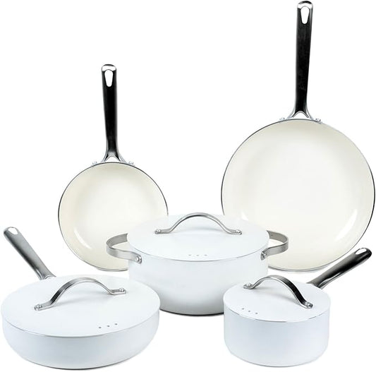 Alva Mobi 8-Piece Ceramic Nonstick Cookware Set – Toxic-Free Pots & Pans with Lids | Induction & Oven Safe to 400°F | Recycled Aluminum, Stainless Steel Handles | Belgian Design