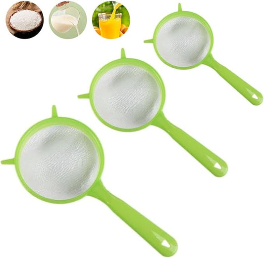 3 Packs Fine Mesh Strainers Plastic Colander Sieve Sifters Reusable Coffee Filter with Long Handle Kitchen Tools for Kitchen Rice Juice Quinoa Food Flour Baking, Green