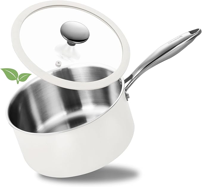 SAKAMOSH 3 Quart Tri-ply Stainless Steel Saucepan with Glass Lid, Induction Sauce Pan Compatible with All Cooktops, Non-Toxic Sauce Pot with Stay Cool Handle, Oven & Dishwasher Safe