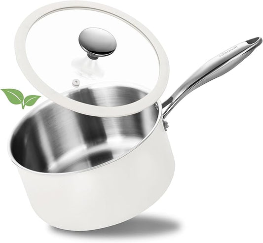 SAKAMOSH 3 Quart Tri-ply Stainless Steel Saucepan with Glass Lid, Induction Sauce Pan Compatible with All Cooktops, Non-Toxic Sauce Pot with Stay Cool Handle, Oven & Dishwasher Safe
