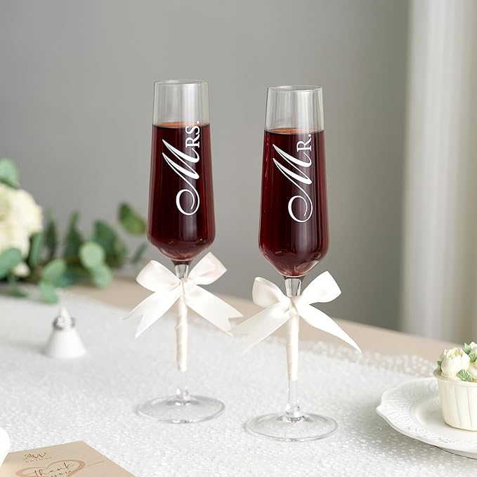 Mr. & Mrs. Champagne Flute Set - Elegant His and Hers Wedding Toasting Glasses for Celebrations, Bridal Shower Wedding Registry Gifts, Tall Wine Glasses for Bride and Groom