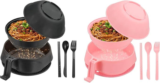 uxcell 2 Sets Microwave Ramen Bowl Set, Wheat Fiber Noodle Bowls Plastic Cooker with Lid Handle Fork Spoon Chopsticks for College Dorm Room Apartment, (Black/Pink)