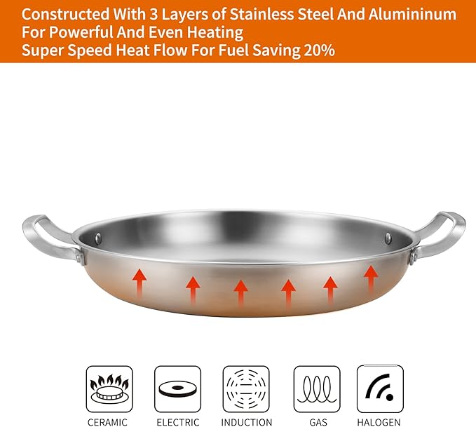 Yeksum Tri-Ply Stainless Steel Paella Pan Large Saute Pan with Lid (Stainless Steel, 13.5 INCH)
