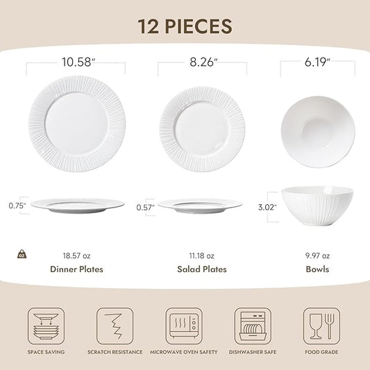 KINGSTONE Bone China Dinnerware Set, 12-Piece White Lightweight Porcelain with Textured Design Service for 4, Plates, Bowls, for Family Dining, Restaurants, Gifting, Microwave and Dishwasher Safe