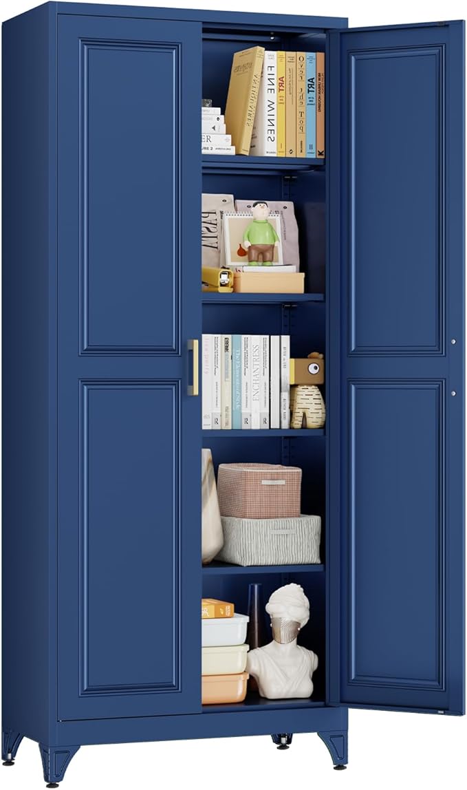 Metal Storage Cabinet with 2 Doors and 4 Adjustable Shelves, 74.8" H Kitchen Pantry Cabinets, Modern Tall Garage Cabinet for Files, Books, Tools, Toys