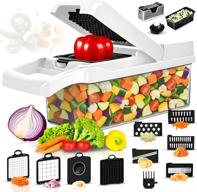 DOSTDR - Vegetable Chopper, Mandoline Slicer, Veggie Chopper, Food Chopper with Container, Vegetable Cutter for Onion Salad Vegetable Chopper, Fruit Slicer, Shredding, Multi-Function (White & Black)