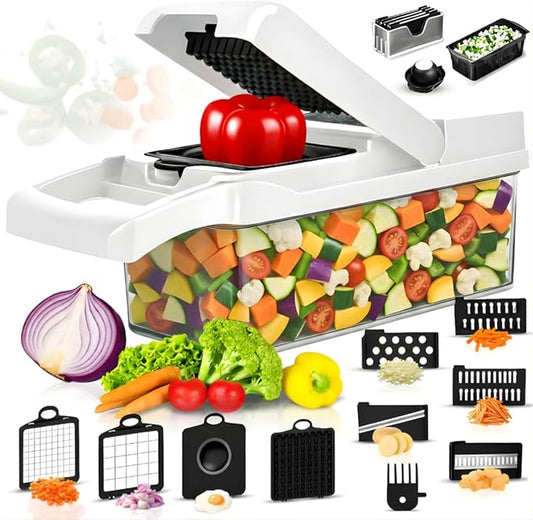 DOSTDR - Vegetable Chopper, Mandoline Slicer, Veggie Chopper, Food Chopper with Container, Vegetable Cutter for Onion Salad Vegetable Chopper, Fruit Slicer, Shredding, Multi-Function (White & Black)