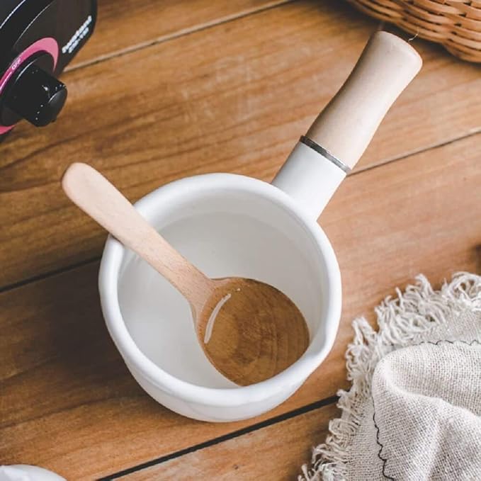 Enamel Milk Pot, Small Saucepan Butter Warmer 4 Inch 17 Oz with Wooden Handle for Heating Smaller Liquid Portions