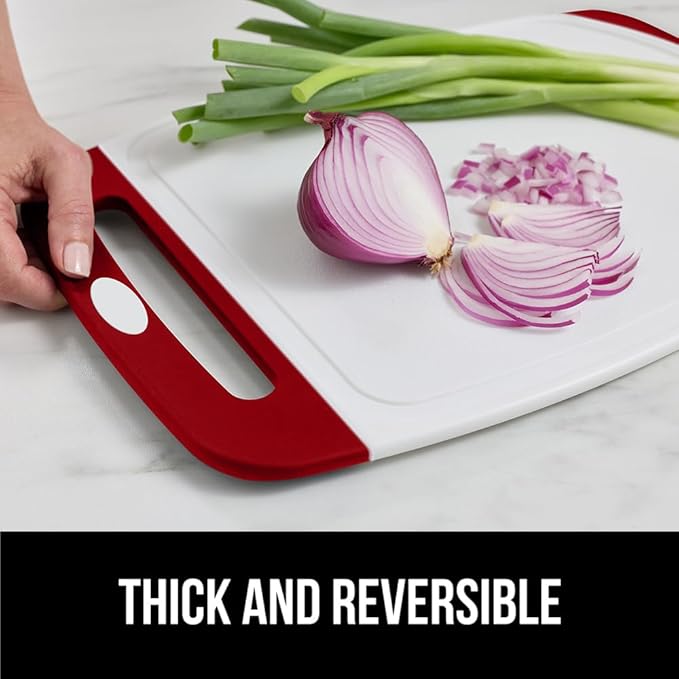 GORILLA GRIP BPA-Free Reversible Kitchen Cutting Board Set of 3, US Designed, Nonporous, Juice Grooves Catch Liquid, Slip Resistant Border, Dishwasher Safe, Durable Large Food Chopping Boards, Red