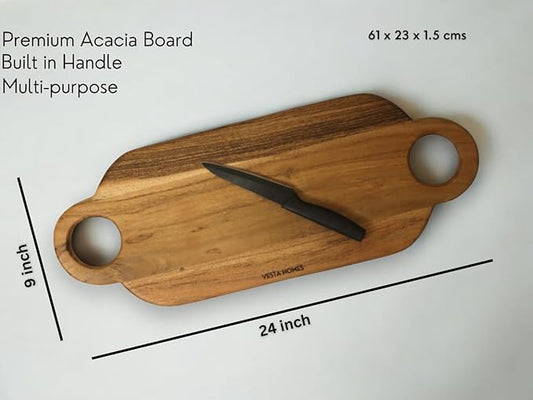 Vesta Homes Wooden Cutting Board, Platter, Serving Board, Charcuterie, and Cheese Board for Kitchen | Natural Acacia Wood | 24x9x0.6 inches | Handcrafted in India