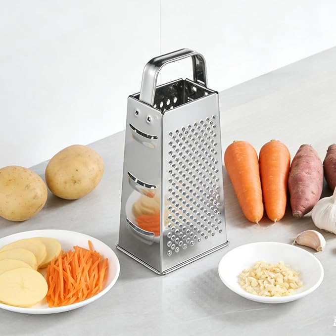 1pc Stainless Steel Vegetable Grater Portable Metal Grater 4-Sided Cheese Grater with Handle for Kitchen Restaurant (8inch)