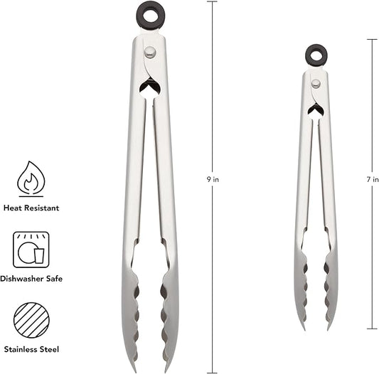 KitchenAid Set of 2 Stainless Steel Tongs with Scalloped Edges Easy Lock Dishwasher Safe Durable and Versatile 7 Inch and 9 Inch Silver