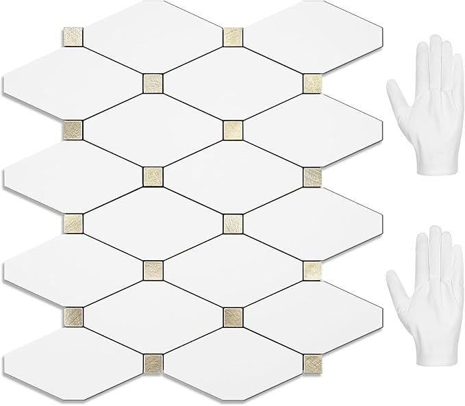 STICKGOO 10 Sheets Peel and Stick Backsplash, Pure White Marble Look PVC Mixed Metal Gold Kitchen Backsplash, Stick on Backsplash Wall Tiles for Kitchen, Bathroom, RV