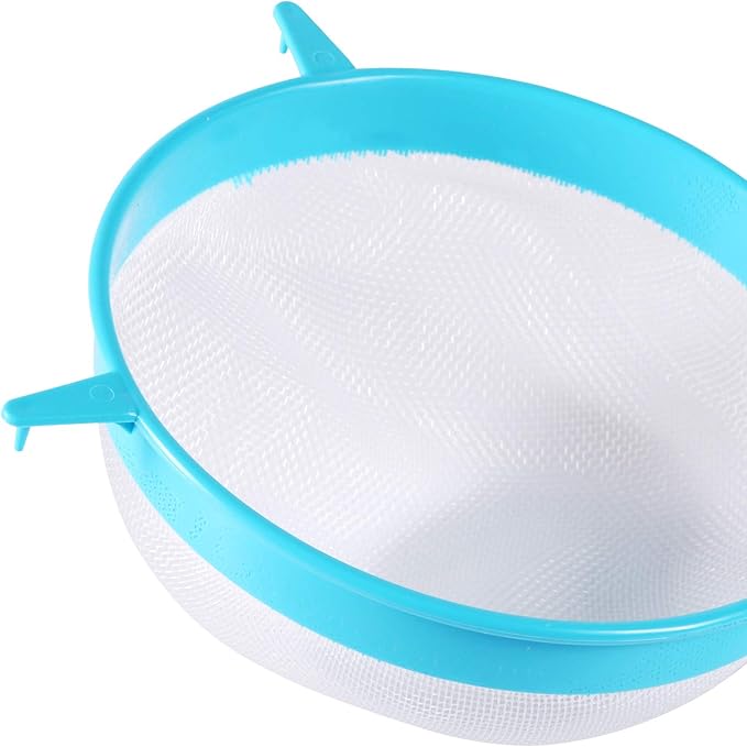 BENBO 4Pcs Plastic Mesh Strainer Colander Set, Food Soy Milk Flour Sieve Long Handle Icing Sugar Sifters Fine Strainer Tea Filter and 2 Pcs Silicone Foldable Funnel for Kitchen