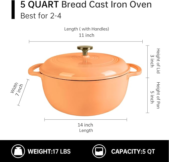 Fijxzct Premium Enameled Cast Iron Dutch Oven for Bread Baking | Non-Stick 5.5QT Oval Bread Oven with Lid | Perfect for Sourdough, Loaf, and Artisan Baking (Round Orange, 5.5 QT)