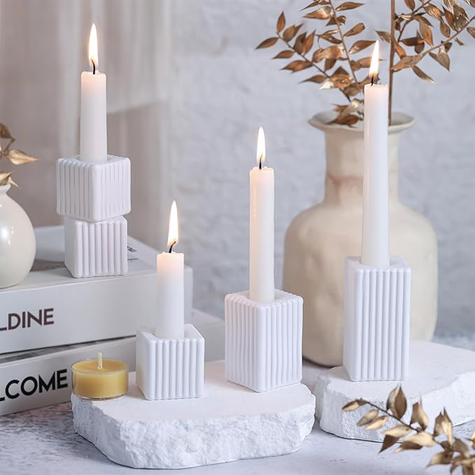LETINE 12pcs White Vertical Stripe Glass Candlestick Holders - Chic Taper Candle Sticks Holder Set for Elegant Dining & Home Decor - Ideal for Wedding Centerpieces, Parties, and Celebrations