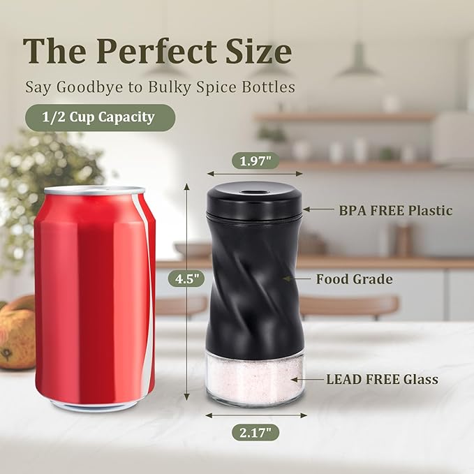 Black Salt and Pepper Shakers with Adjustable Pour Hole by NEODACO, Modern Glass Salt Shaker with Stainless Steel Lids for Kitchen Gadgets Table, RV, Ideal for Himalayan, Kosher, and Black Pepper