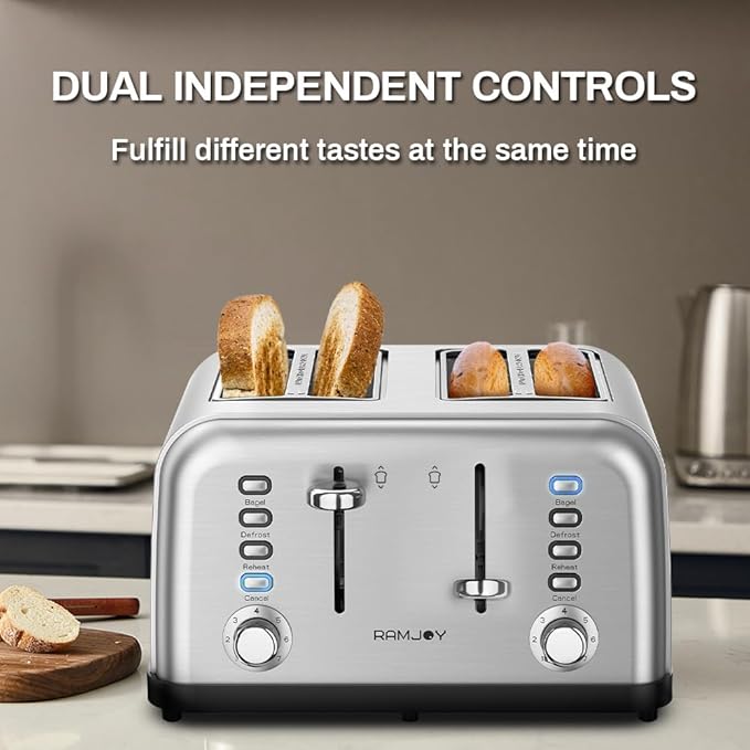 RAMJOY Toaster 4 Slice, Dual Independent Controls, Extra Wide Slot Toasters for Bagel, Bread, Waffles, 7 Shade Settings, 4 Main Functions, Removable Crumb Tray, 1500 Watts, Brushed Stainless Steel