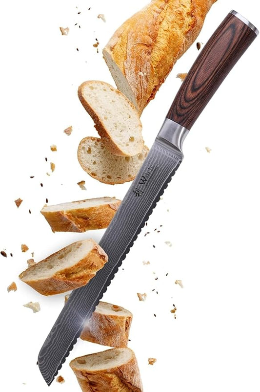 Wakoli EDIB Damascus Bread Knife – 9.1-Inch Long Serrated Blade with VG10 Core, Professional Kitchen Knife made of 67-Layer Damascus Steel & Ergonomic Pakkawood Handle in Premium Gift Box
